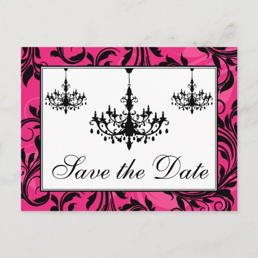 Rosa Schwarz-weiße Kronleuchter Save the Date Kart Ankündigungspostkarte (Vorderseite)