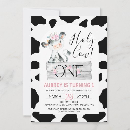 Rosa Schwarz-weiße Kuh Blütenblätter Druck 1. Gebu Einladung (Vorderseite)