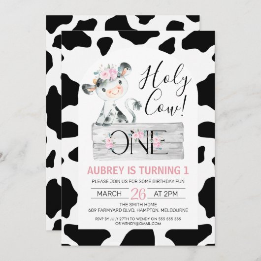 Rosa Schwarz-weiße Kuh Blütenblätter Druck 1. Gebu Einladung (Vorne/Hinten)