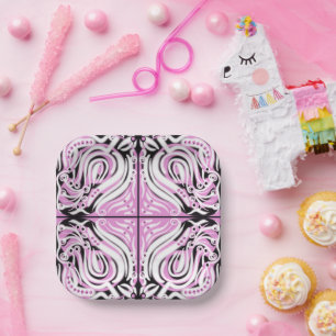 Rosa Schwarz-weiße Kurve Abstraktes Muster Pappteller