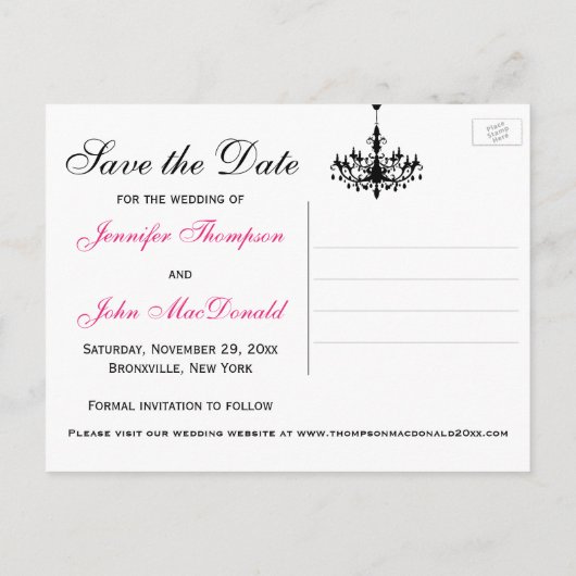 Rosa Schwarz-weiße Lüster Save the Date Karte 2 (Rückseite)