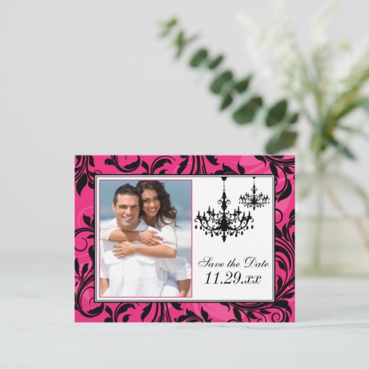 Rosa Schwarz-weiße Lüster Save the Date Karte 2 (Stehend Vorderseite)