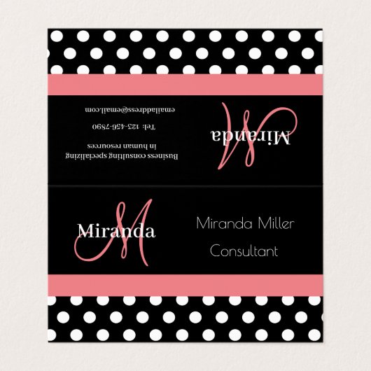 Rosa Schwarz-weiße Polka Dot Monogram Square Busin Visitenkarten (Außenseite Aufgefaltet)