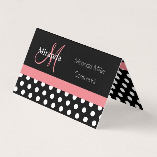 Rosa Schwarz-weiße Polka Dot Monogram Square Busin Visitenkarten (Vorderseite)