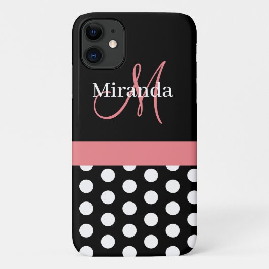 Rosa Schwarz-weiße Polka Dot Monogramm Case-Mate iPhone Hülle (Rückseite)