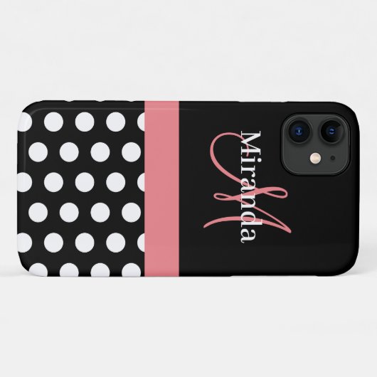 Rosa Schwarz-weiße Polka Dot Monogramm Case-Mate iPhone Hülle (Rückseite (Horizontal))