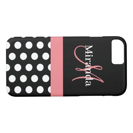 Rosa Schwarz-weiße Polka Dot Monogramm Case-Mate iPhone Hülle (Rückseite (Horizontal))