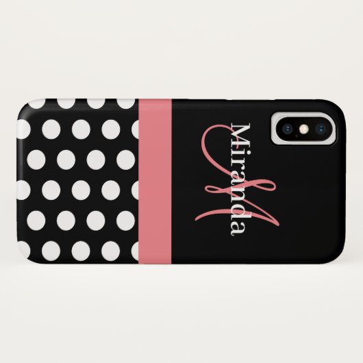 Rosa Schwarz-weiße Polka Dot Monogramm Case-Mate iPhone Hülle (Rückseite (Horizontal))