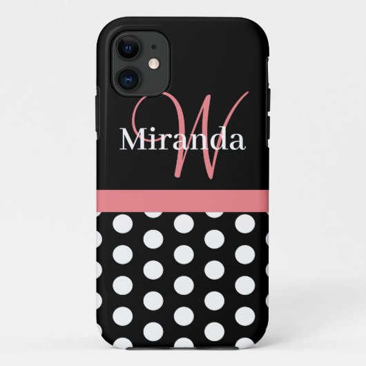 Rosa Schwarz-weiße Polka Dot Monogramm Case-Mate iPhone Hülle (Rückseite)