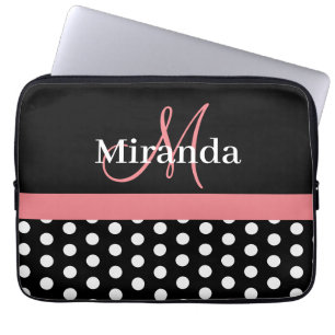 Rosa Schwarz-weiße Polka Dot Monogramm Laptopschutzhülle