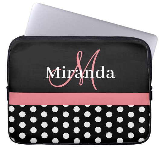 Rosa Schwarz-weiße Polka Dot Monogramm Laptopschutzhülle (Vorderseite)