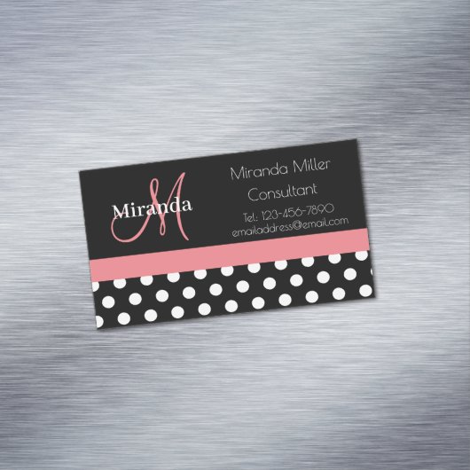 Rosa Schwarz-weiße Polka Dot Monogramm Magnetische Visitenkarte (Beispiel)