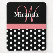 Rosa Schwarz-weiße Polka Dot Monogramm Mousepad (Vorne)
