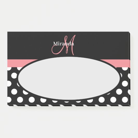Rosa Schwarz-weiße Polka Dot Monogramm Post-it Klebezettel (Vorderseite)