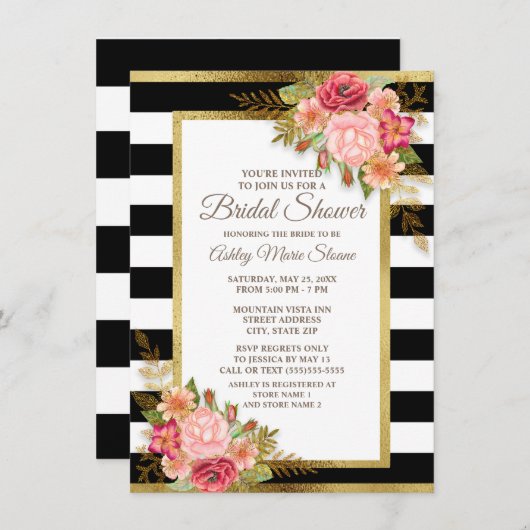 Rosa Schwarz-weiße Streifen Einladung (Vorne/Hinten)