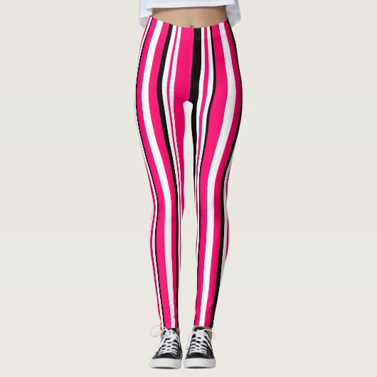 Rosa Schwarz-weiße vertikale Streifen Leggings (Vorderseite)