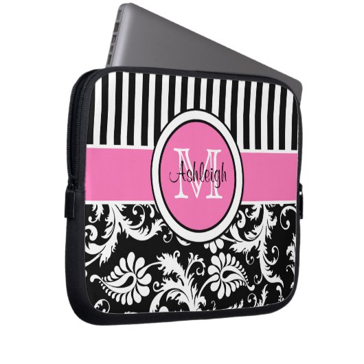Rosa Schwarz-weißer Damast-gestreifte Laptop-Hülse Laptopschutzhülle (Vorne Rechts)