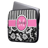 Rosa Schwarz-weißer Damast-gestreifte Laptop-Hülse Laptopschutzhülle (Vorderseite Links)