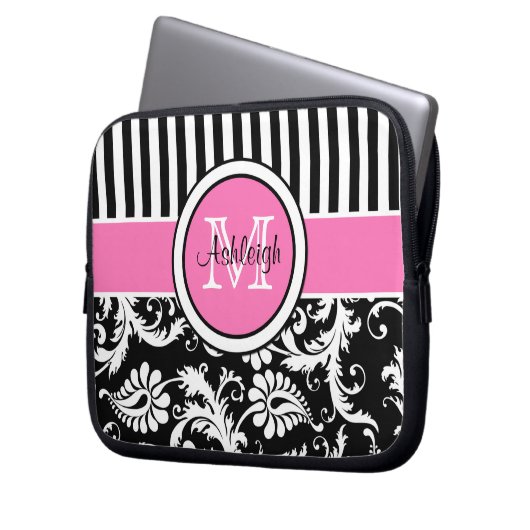 Rosa Schwarz-weißer Damast-gestreifte Laptop-Hülse Laptopschutzhülle (Vorderseite Links)