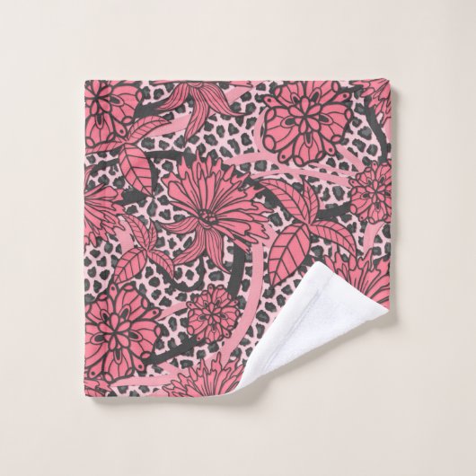 Rosa Schwarz-weißer mit Blumenleopard-Tierdruck Badhandtuch Set (Waschlappen)