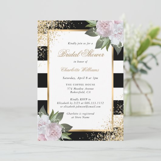 Rosa Schwarz-weißes Brautparty Einladung (Stehend Vorderseite)