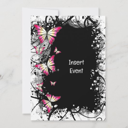 Rosa Schwarz-weißes Schmetterling-Party Einladung (Vorderseite)