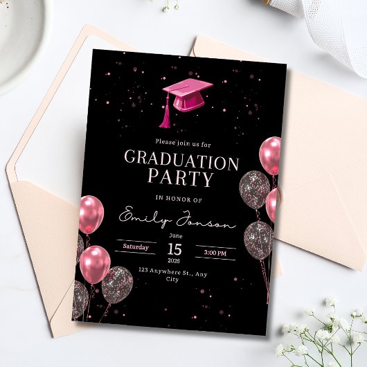 Rosa schwarze Abschlussfeier Mädchen Ballons Absch Einladung