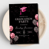 Rosa schwarze Abschlussfeier Mädchen Ballons Absch Einladung