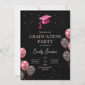 Rosa schwarze Abschlussfeier Mädchen Ballons Absch Einladung (Vorderseite)