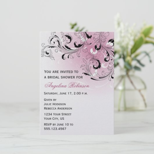 Rosa Schwarze Abstrakte Wirbel Brautparty Einladun Einladung (Stehend Vorderseite)