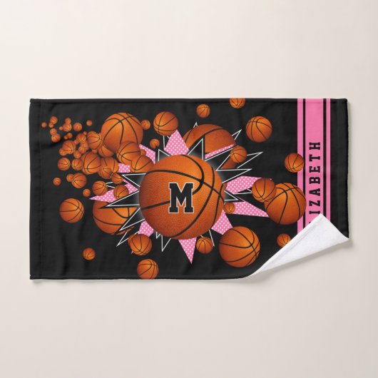 Rosa schwarze Basketball-Stars mit Monogramm Handtuch (Handtuch)