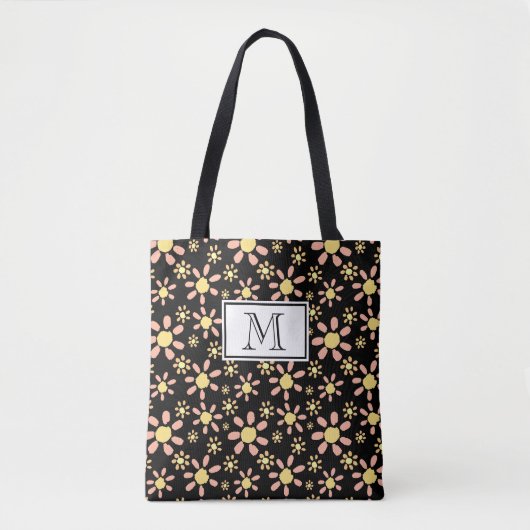 Rosa Schwarze Blume Muster Monogram Floral Tasche (Vorderseite)