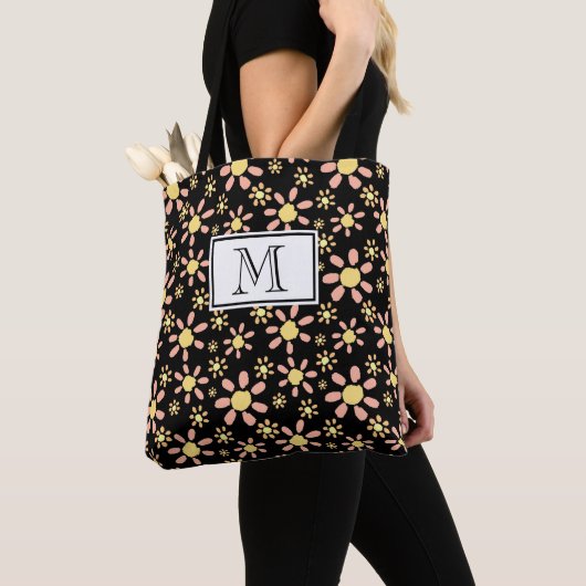 Rosa Schwarze Blume Muster Monogram Floral Tasche (Von Nahem)