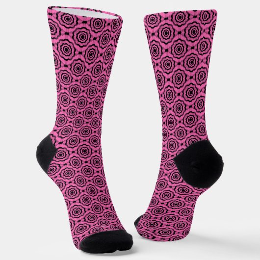 Rosa Schwarze Blume Nahtloses Muster Socken (Gewinkelt)