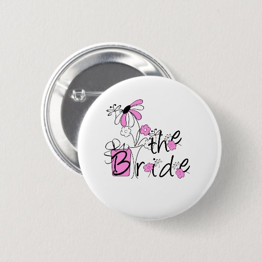 Rosa/schwarze Blumen die Braut Button (Vorne & Hinten)