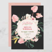 Rosa schwarze Blütengeburt Einladung (Vorne/Hinten)