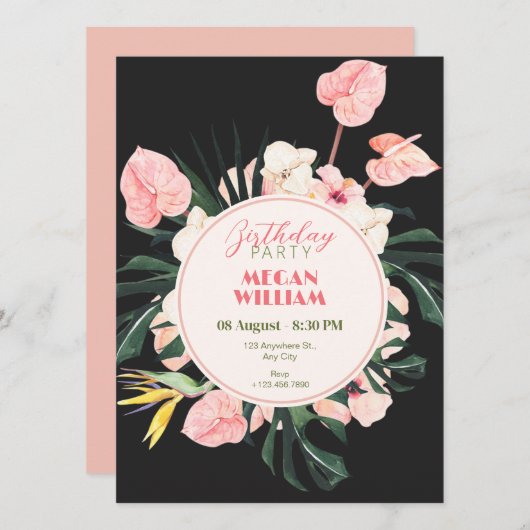 Rosa schwarze Blütengeburt Einladung (Vorne/Hinten)