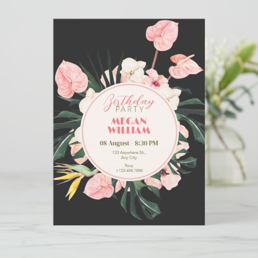 Rosa schwarze Blütengeburt Einladung (Stehend Vorderseite)