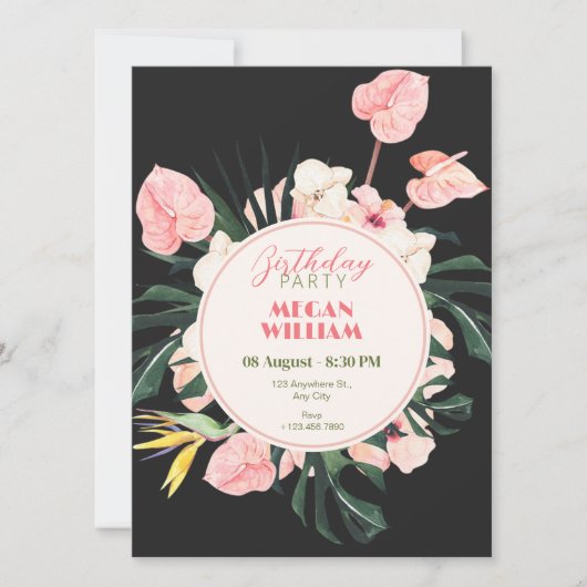 Rosa schwarze Blütengeburt Einladung (Vorderseite)