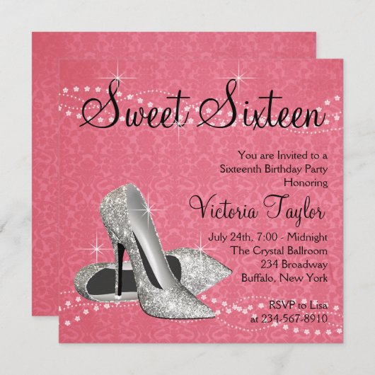 Rosa schwarze Damaske High Heels Sweet 16 Party Einladung (Vorne/Hinten)