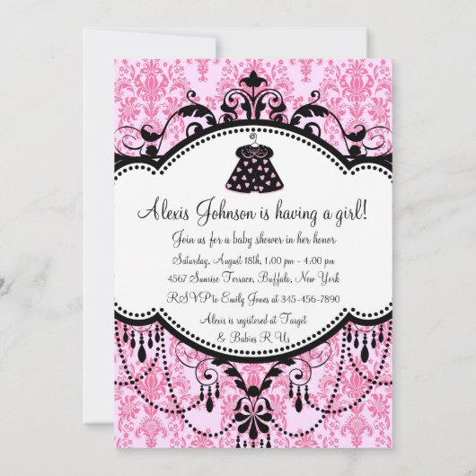 Rosa schwarze Damaske Kinderdusche Einladungen (Rückseite)