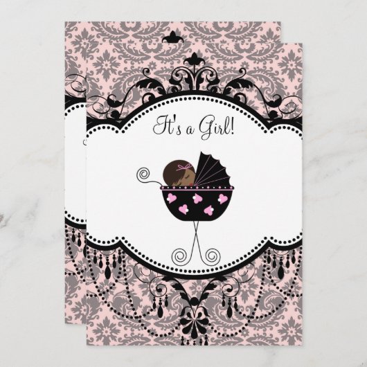 Rosa schwarze Damaske Kinderdusche Einladungen (Vorne/Hinten)
