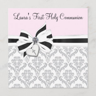 Rosa schwarze Damast Herzkreuz Erste Kommune Einladung