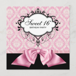 Rosa schwarze Damast Sweet 16 Geburtstagsfeier Einladung