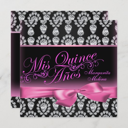 Rosa/schwarze Diamant & Bow Quinceanera Einladung (Vorne/Hinten)