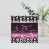 Rosa/schwarze Diamant & Bow Quinceanera Einladung (Stehend Vorderseite)