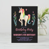 Rosa Schwarze Einhorn Geburtstagseinladungen Einladung (Stehend Vorderseite)