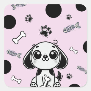 Rosa & schwarze Fischgräten-Hundewelpen-Geburtstag Quadratischer Aufkleber