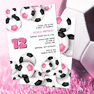 Rosa schwarze Fußballbälle Kindergeburtstag Party Einladung