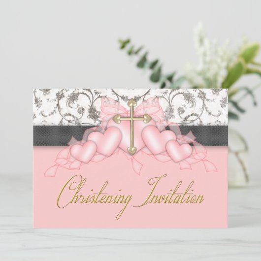 Rosa Schwarze Gold Cross Girls Rosa Christening Einladung (Stehend Vorderseite)